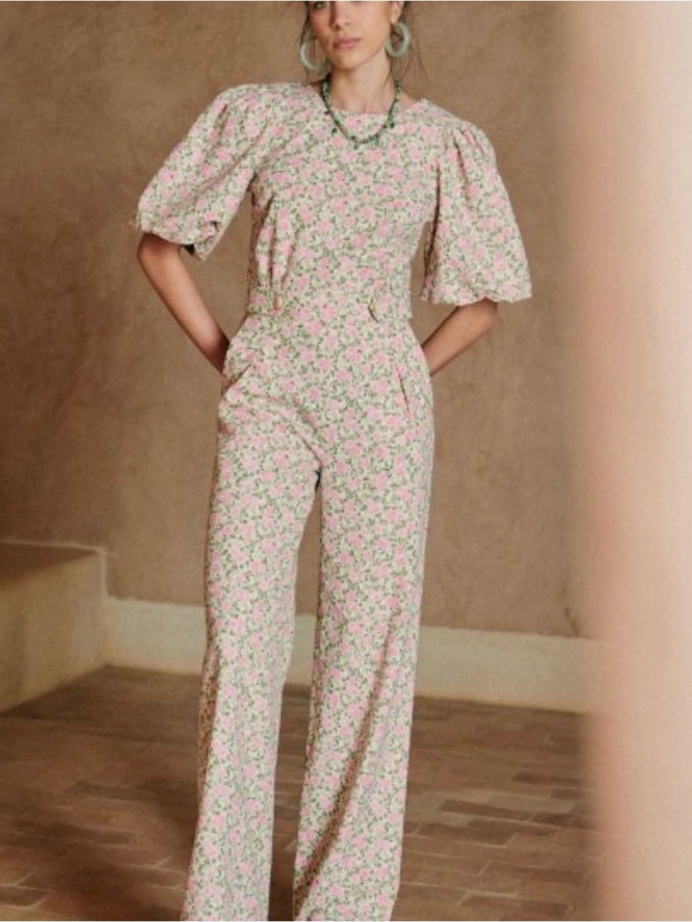 Sezane Pink & Green Floral Wide-Leg Claude Jumpsuit
